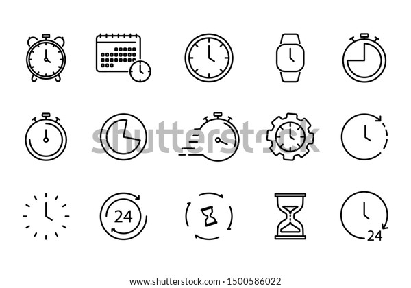 Time and Clock set of linear icons. Time management.\
Timer, Speed, Alarm, Restore, Time Management, Calendar and more.\
Collection of time, clock, watch, timer vector simple outline icons\
for web