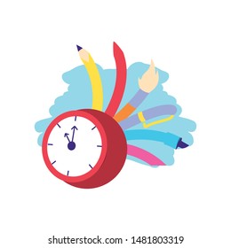 time clock with set of pencils and colors supplies