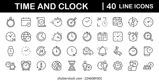 Juego de tiempo y reloj de iconos web en estilo de línea. Gestión del tiempo. Timer, Speed, Date, Countdown, Alarm, Recovery, Time, clock, watch, iconos simples de calendario para la web y la aplicación móvil. Ilustración del vector