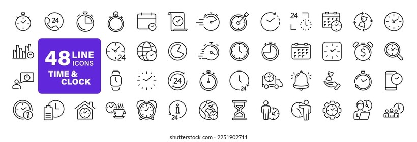 Time and Clock set of web icons in line style. Time management. Timer, Speed, Date, Countdown, Alarm, Recovery, Time, clock, watch, calendar simple icons for web and mobile app. Vector illustration