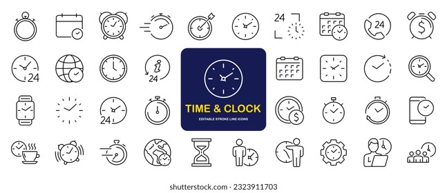 Time and Clock set of web icons in line style. Time management. Timer, Speed, Date, Countdown, Alarm, Recovery, Time, clock, watch, calendar simple icons for web and mobile app. Vector illustration