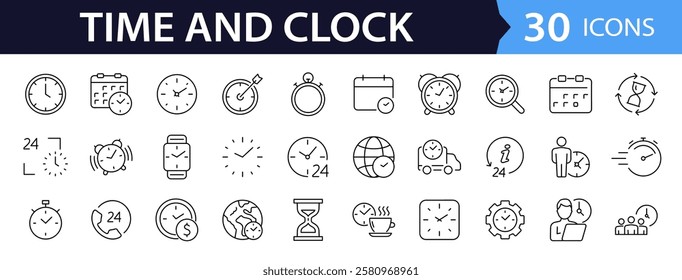 Time and Clock set of web icons in line style. Time management. Timer, Speed, Date, Countdown, Alarm, Recovery, Time, clock, watch, calendar simple icons for web and mobile app. Vector illustration