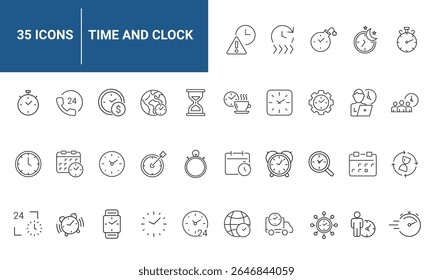 Time and Clock set of web icons in line style. Time management. Timer, Speed, Date, Countdown, Alarm, Recovery, Time, clock, watch, calendar simple icons for web and mobile app. Vector illustration