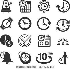 Time and Clock set of web icons in line style. Time management. Timer, Speed, Date, Countdown, Alarm, Recovery, Time, clock, watch, calendar simple icons for web and mobile app. Vector illustration