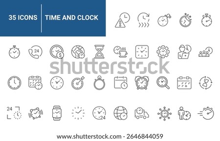 Time and Clock set of web icons in line style. Time management. Timer, Speed, Date, Countdown, Alarm, Recovery, Time, clock, watch, calendar simple icons for web and mobile app. Vector illustration