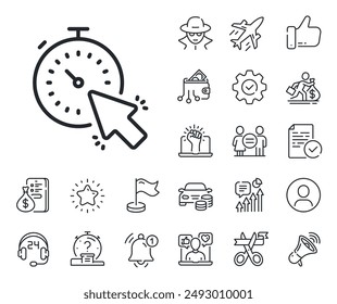 Time or clock sign. Salaryman, gender equality and alert bell outline icons. Timer line icon. Mouse cursor symbol. Timer line sign. Spy or profile placeholder icon. Online support, strike. Vector