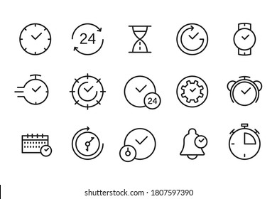 Time, clock, stopwatch icons. Set of linear icons for design. Time management. Bussines. Schedule. Productivity. - Shutterstock ID 1807597390