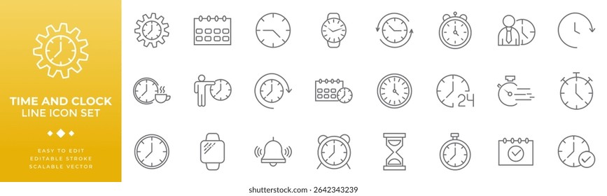 Time and clock symbols with editable strokes, designed as scalable vector graphics for easy customization in presentations, apps, and digital projects.
