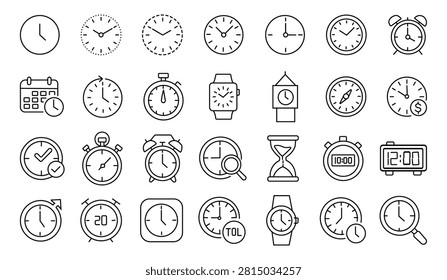 Time and clock thin line icon set with alarm stopwatch timer and watch outline vector collection . Editable stroke. Pixel perfect. 