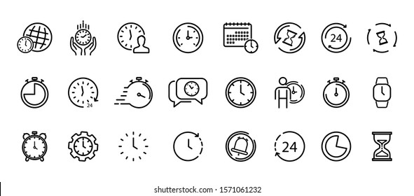 Time and Clock thin line icons. Time management, 24 hour clock, deadline alarm. Calendar, Clock, Time, Date, Timer, Sand hourglass, Digital smartwatch, Timer stopwatch vector sign collection. 