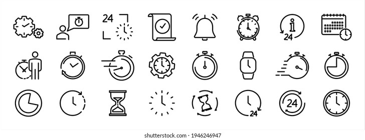 Time and Clock thin line icons. Time management, 24 hour clock, deadline alarm. Calendar, Clock, Time, Date, Timer, Sand hourglass, Digital smartwatch, Timer stopwatch vector sign collection.