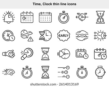  Time and Clock Thin Line Icons Set: Vector Illustrations for Time Management
