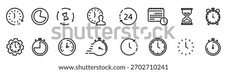 Time and Clock thin line icons. Time management, 24 hour clock, deadline alarm. Calendar, Clock, Time, Date, Timer, Sand hourglass, Digital smartwatch, Timer stopwatch vector sign collection.