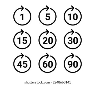 Time and clock, timer of circle arrow with number icon set. Sign one minute, five, ten, fifteen or more minutes. Circular loop indicates deadline or cooking time, countdown. Vector illustration