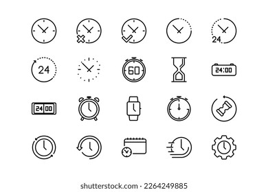 Time, clock, timer, stopwatch and alarm lines icon set. Time genres and attributes. Linear design. Lines with editable stroke. Isolated vector icons.