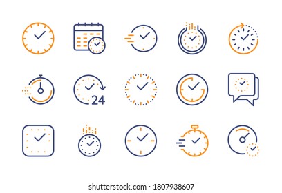 Time and clock, vector color linear icons set. Timer, smartwatch, time management, 24 hour clock, calendar, timer stopwatch and more. Isolated collection of time for web sites on white background.