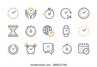 Time and clock, vector color linear icons set. Time management. Timer, speed, alarm, recovery, time management, calendar and more. Isolated collection of time for web sites on white background.