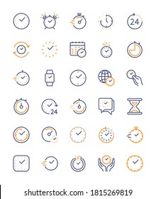 Time and clock, vector color linear icons set. Timer, speed, alarm, management, calendar, watch symbols and more for web and mobile phone on white background. Editable stroke. Vector illustration.
