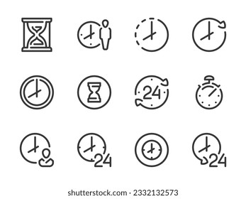 Time and Clock vector line icons. Watch and Hour outline icon set. Countdown, Timer, 24 Hours, Deadline, Time management and more.