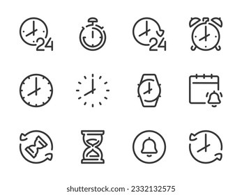 Time and Clock vector line icons. Watch and Hour outline icon set. Countdown, Timer, 24 Hours, Deadline, Time management and more.