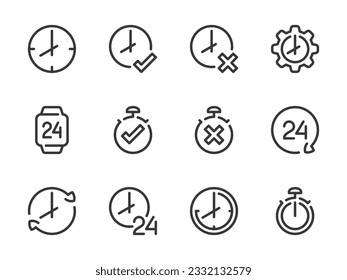 Time and Clock vector line icons. Watch and Hour outline icon set. Countdown, Timer, 24 Hours, Deadline, Time management and more.