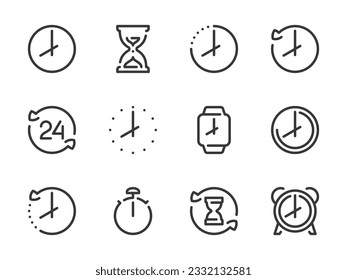 Time and Clock vector line icons. Watch and Hour outline icon set. Countdown, Timer, 24 Hours, Deadline, Time management and more.
