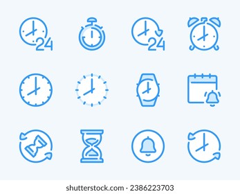 Time and Clock vector line icons. Watch and Hour outline icon set. Countdown, Timer, 24 Hours, Deadline, Time management and more.