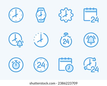 Time and Clock vector line icons. Watch and Hour outline icon set. Countdown, Timer, 24 Hours, Deadline, Time management and more.