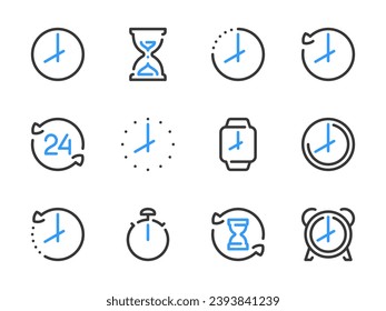 Time and Clock vector line icons. Watch and Hour outline icon set. Countdown, Timer, 24 Hours, Deadline, Time management and more.