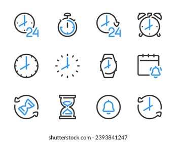 Time and Clock vector line icons. Watch and Hour outline icon set. Countdown, Timer, 24 Hours, Deadline, Time management and more.