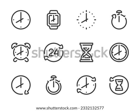 Time and Clock vector line icons. Watch and Hour outline icon set. Countdown, Timer, 24 Hours, Deadline, Time management and more.
