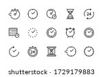 Time and clock vector linear icons set. Time management. Timer, speed, alarm, recovery, time management, calendar and more. Isolated collection of time for web sites icon on white background.