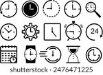 Time and clock vector linear icons set. Time management. Timer, speed, alarm, recovery, time management, calendar and more. Isolated collection of time for web sites icon on white background.