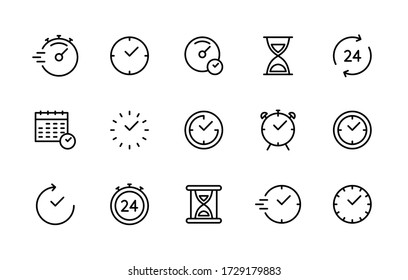 Iconos lineales vectoriales de tiempo y reloj establecidos. Gestión del tiempo. Temporizador, velocidad, alarma, recuperación, administración de tiempo, calendario y más. Colección aislada de tiempo para los sitios web icono sobre fondo blanco.