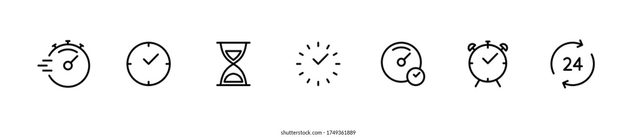 Time and clock vector linear icons. Time management. Timer, speed, alarm, recovery, stopwatch and more. Isolated time collection for websites icon on a white background. Set of vector characters.