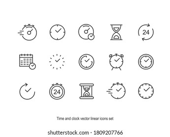 Time and clock vector linear icons set. Time management. Timer, speed, alarm, recovery, time management. Isolated collection of time for web sites icon on white background. - Shutterstock ID 1809207766
