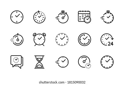 Time and clock, vector linear icons set. Timer, speed, alarm, restore, management, calendar, watch symbols for web and mobile phone on white background. Editable stroke. Vector illustration.
