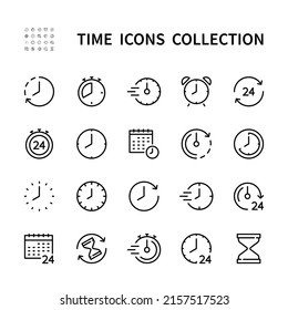 Time and clock vector linear icons set. Timepiece management. Alarm, timer, speed, period, recovery, hourglass, arrow, watch, calendar and more. Isolated time icon collection on white background.