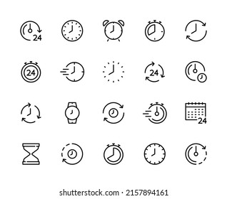 Time and clock vector linear icons set. Time management. Time, clock, management, timer, speed, alarm, recovery, calendar, hour, hourglass and more. Time icon collection on white background.
