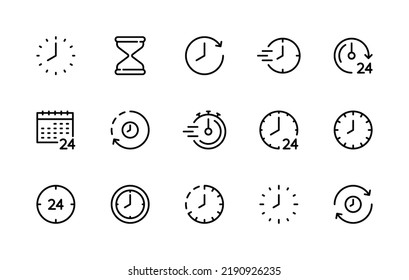 Time and clock vector linear icons set. Time management. Timer, speed, alarm, period, recovery, hourglass, arrow, watch, calendar and more. Isolated time icon collection on white background.