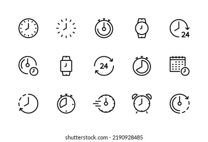 Time and clock vector linear icons set. Time management. Alarm, wristwatch, timer, speed, period, recovery, arrow, watch, calendar and more. Isolated time icon collection on white background.
