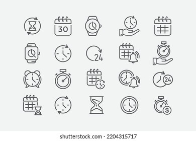 Time and clock vector linear icons set. Timer, alarm, calendar,  time, stopwatch, hourglass, and more. Collection of time icons. Vector illustration