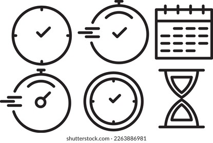 Time and clock vector linear icons set. Time management. Timer, speed, alarm, time management, calendar and more. Isolated collection of time for web sites