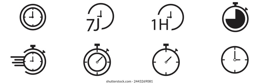 Time and clock vector linear icons set. Time management. Timer, speed, alarm, recovery, time management, calendar and more. Isolated collection of time for web sites icon on white background.