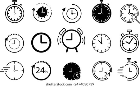 Time and clock vector linear icons set. Time management. Timer, speed, alarm, recovery, time management, calendar and more. Isolated collection