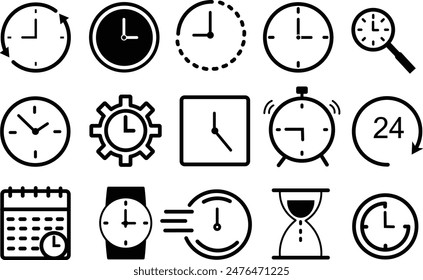 Time and clock vector linear icons set. Time management. Timer, speed, alarm, recovery, time management, calendar and more. Isolated collection of time for web sites icon on white background.