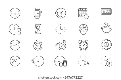 Lineare Symbole für Uhrzeit und Vektorgrafik. Timer, Alarm, Kalender, Uhrzeit, Stoppuhr, Sanduhr und mehr. Kollektion von Zeitsymbolen. Vektorillustration