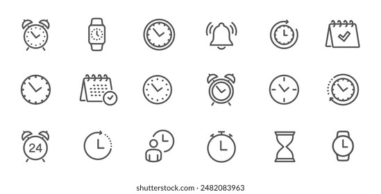 Time and clock vector linear icons set. Time management. Timer, speed, alarm, recovery, time management, calendar and more. Isolated collection of time for web sites icon on white background.
