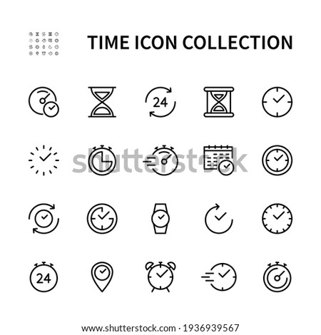 Time and clock vector linear icons set. Time management. Timer, recovery, speed, alarm, calendar,  time management and more. Isolated collection of time for web sites icon on white background.