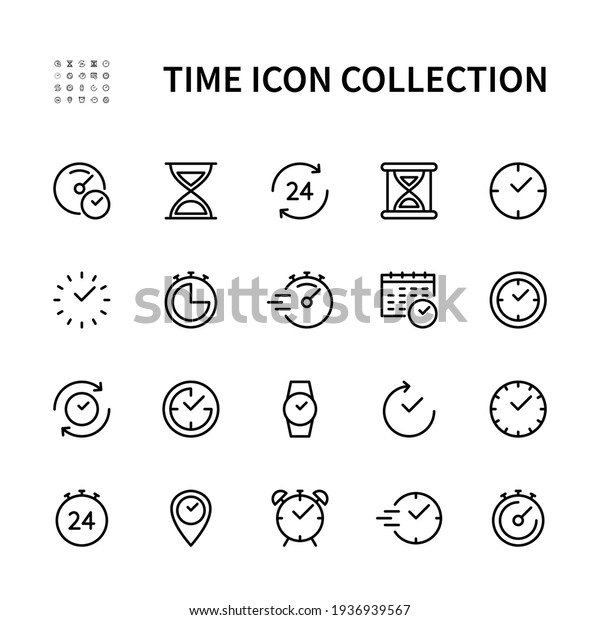 Time and clock vector linear icons set. Time\
management. Timer, recovery, speed, alarm, calendar,  time\
management and more. Isolated collection of time for web sites icon\
on white background.